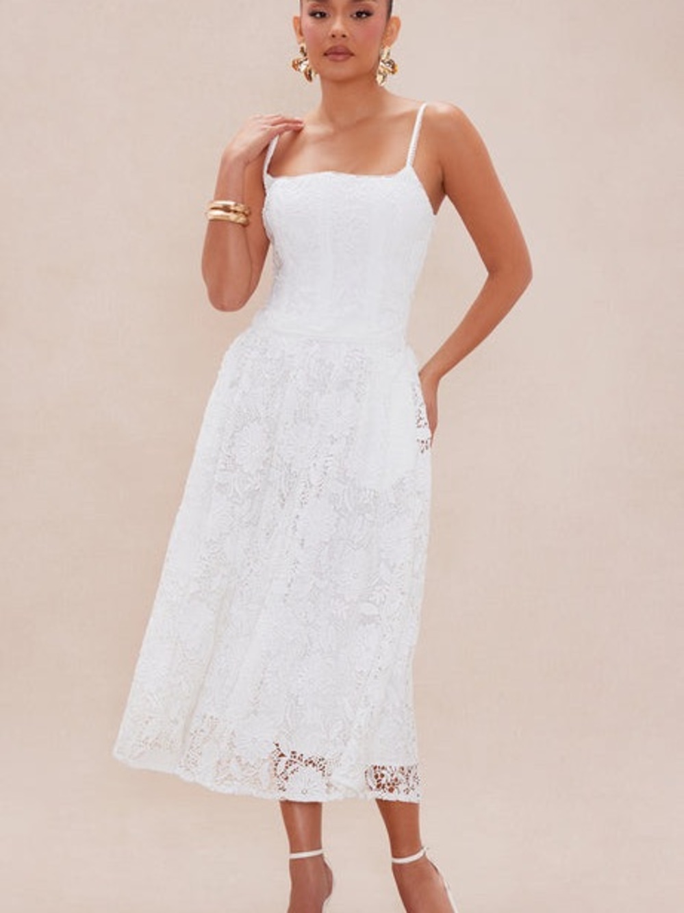 Fashion Nova White Lace Midi Dress with Spaghetti Straps